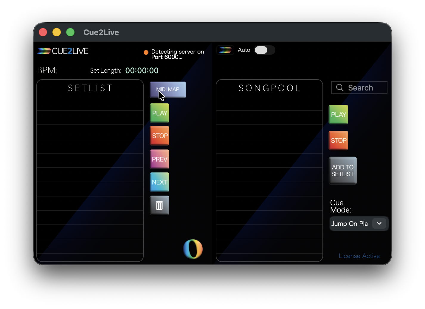 The Cue2Live main window, showing a setlist built from Ableton Live cue points