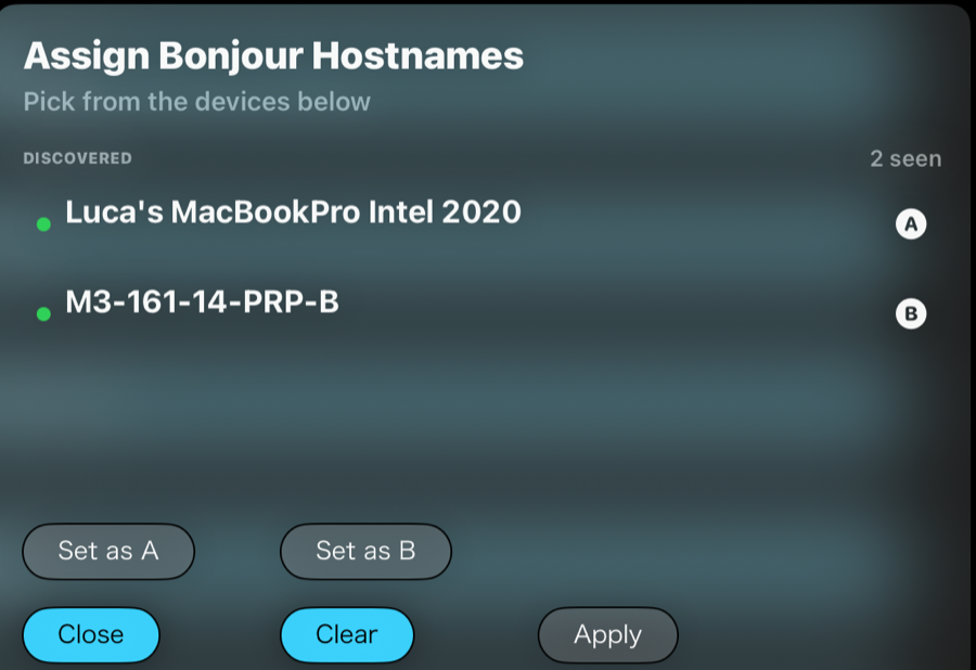 Assign Bonjour Hostnames sheet listing the discovered machines