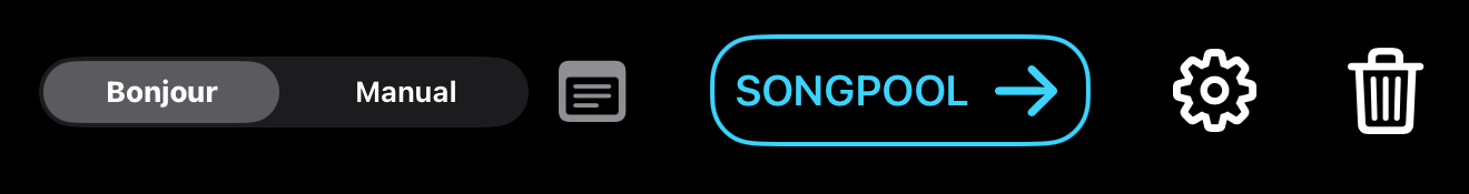 Setlist view footer: Bonjour / Manual toggle, mode button, Songpool, settings and clear