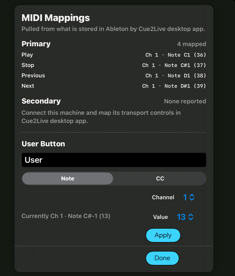 MIDI Mappings sheet showing per-slot mappings and the User Button editor