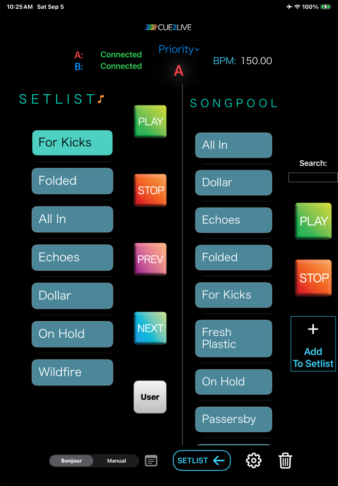 iPad showing setlist and song pool side by side
