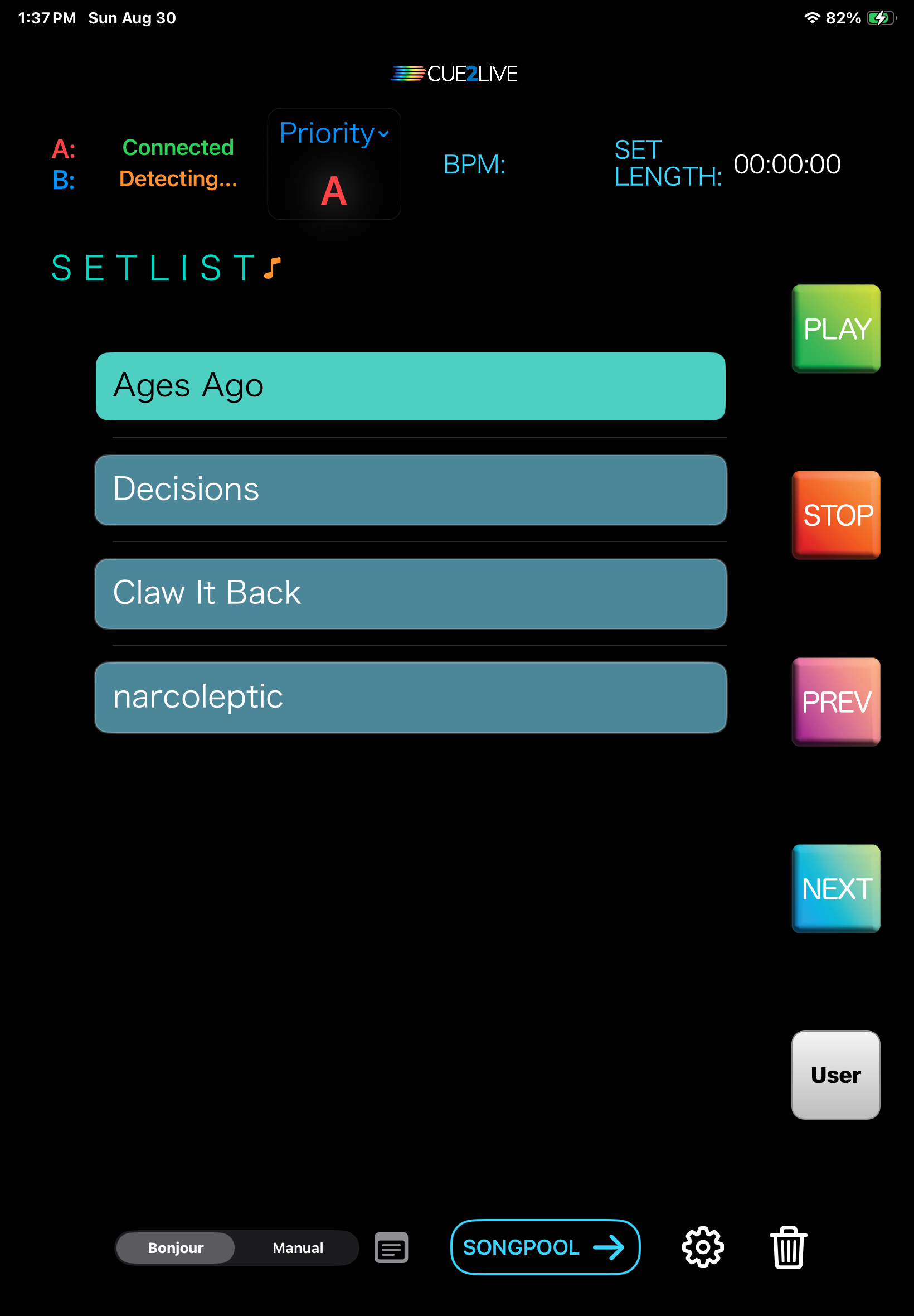 Cue2Live running on iPad, showing the setlist page